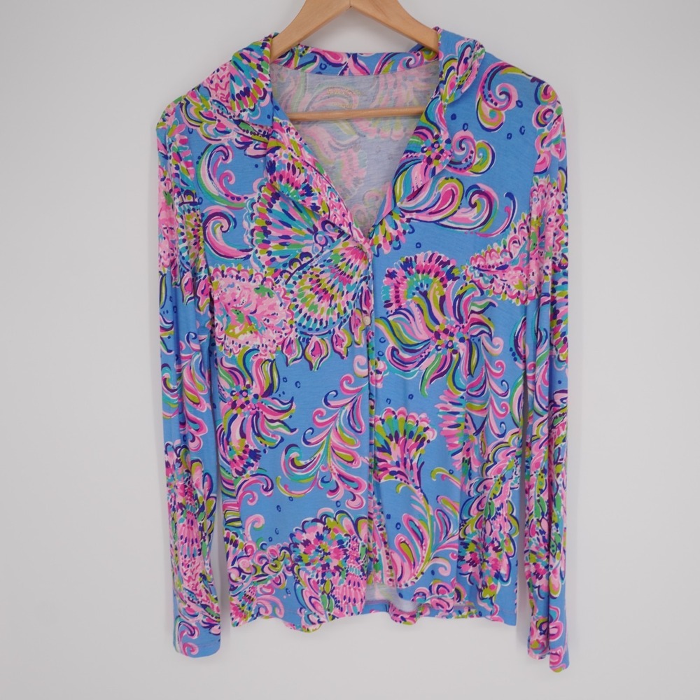 Lilly Pulitzer PJ Knit Pajama Top Womens S Colorful Linen Stretch Button Up